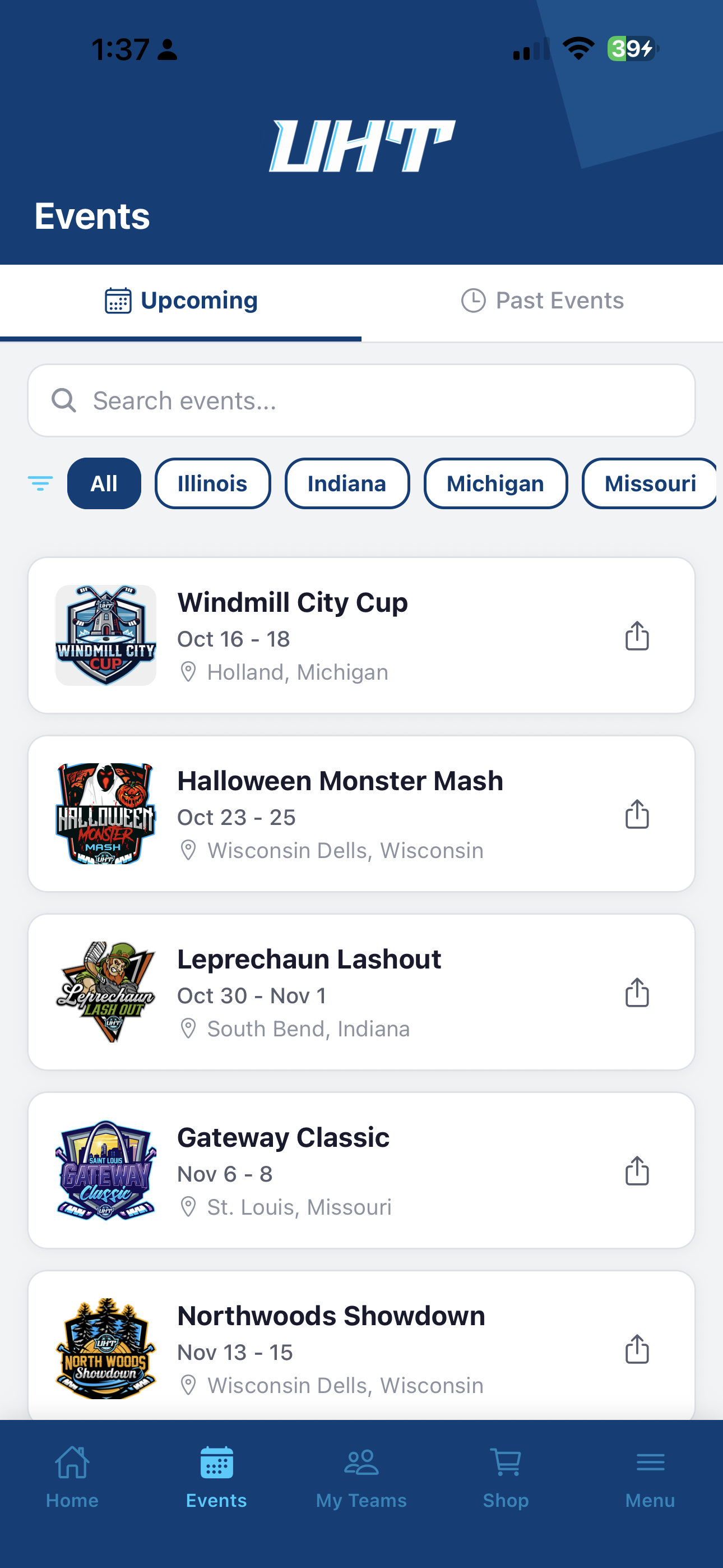 Events — browse upcoming tournaments