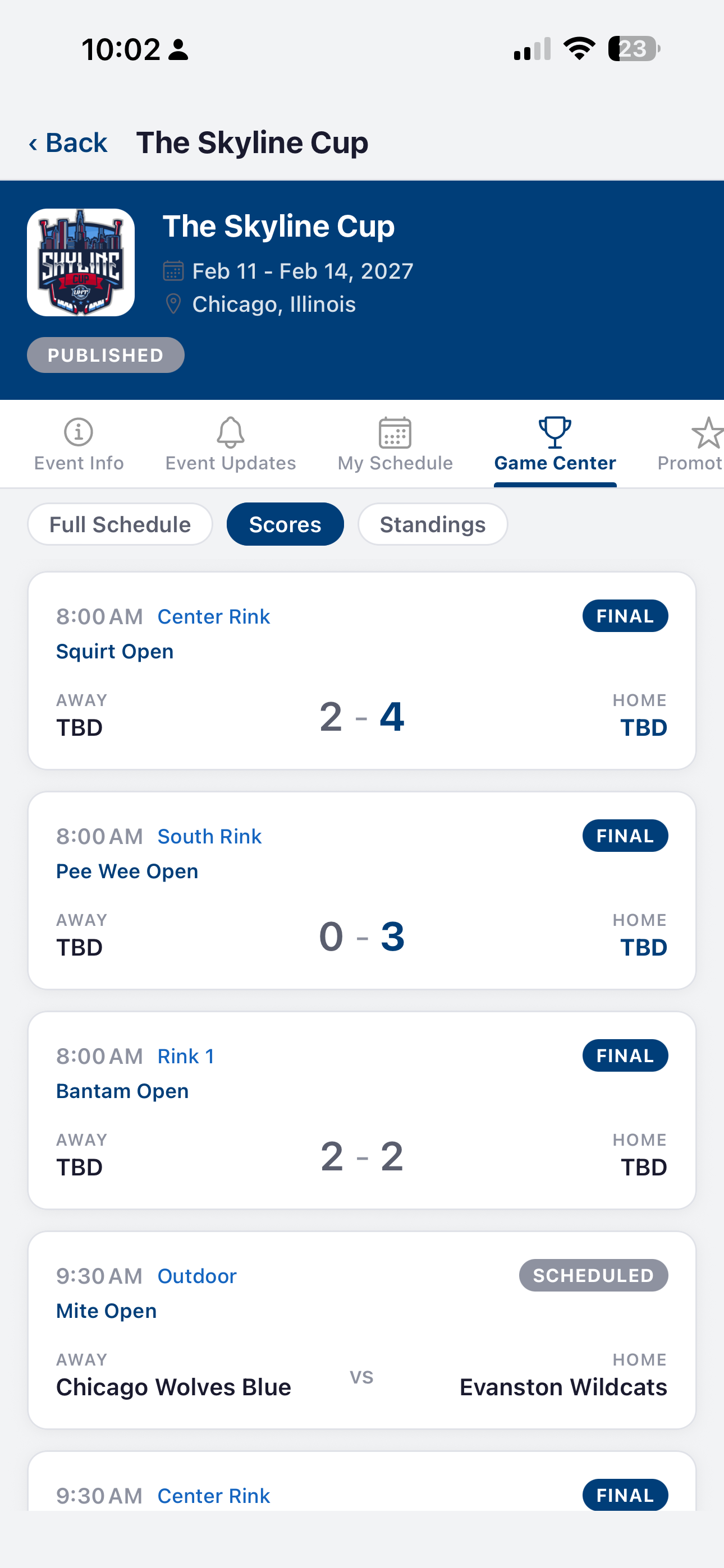 Game Center — live scores and standings