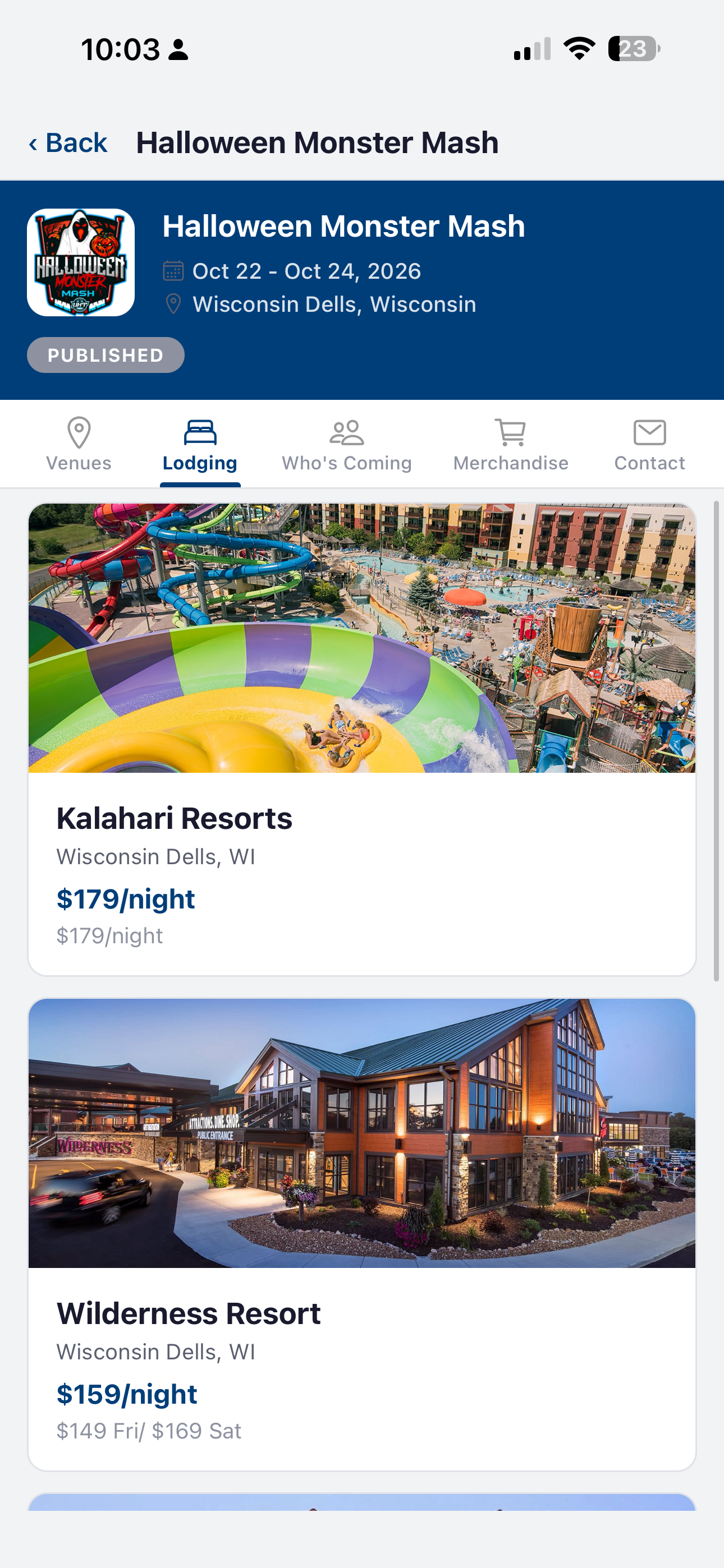 Lodging — exclusive tournament hotel rates