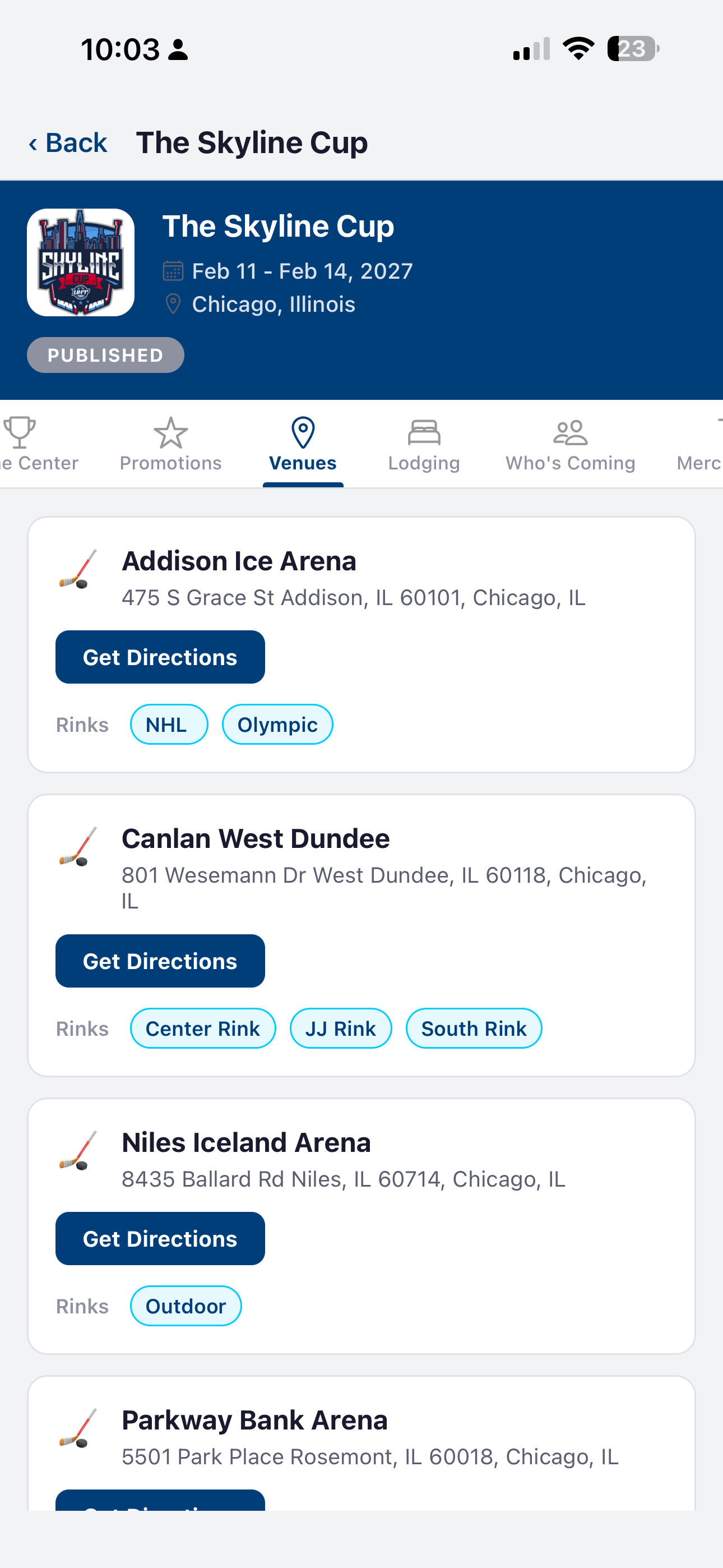 Venues — rink details and directions